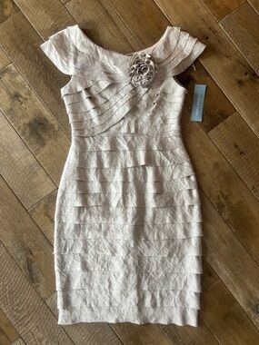 London Times Layered Cap-Sleeve Cocktail Dress with Rosette